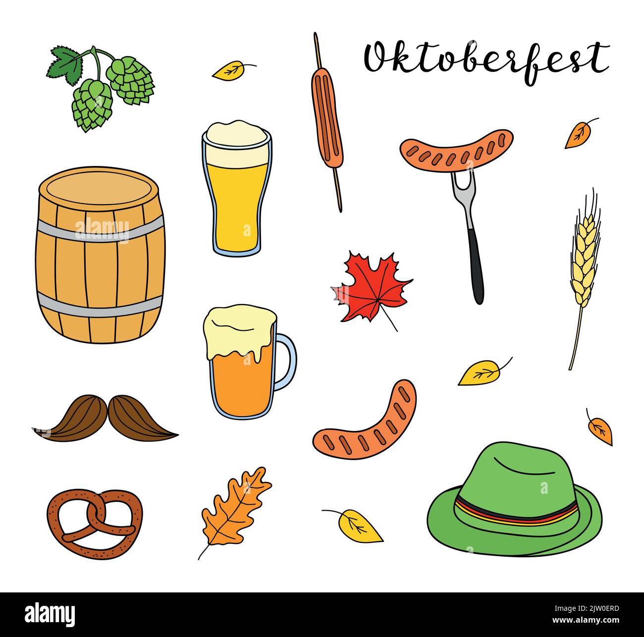 Set of hand drawn colored Oktoberfest icons isolated on white ...