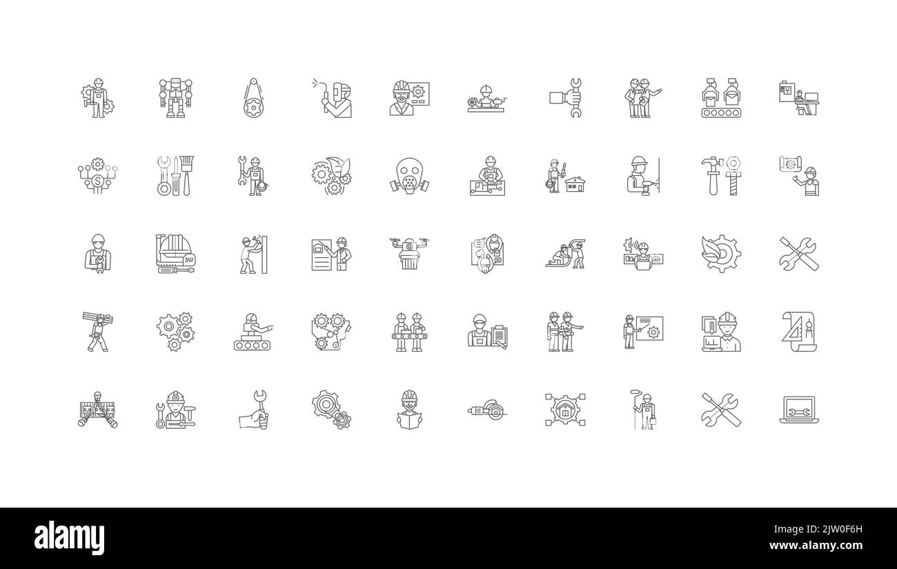 Mechanics concept illustration, linear icons, line signs set, vector ...