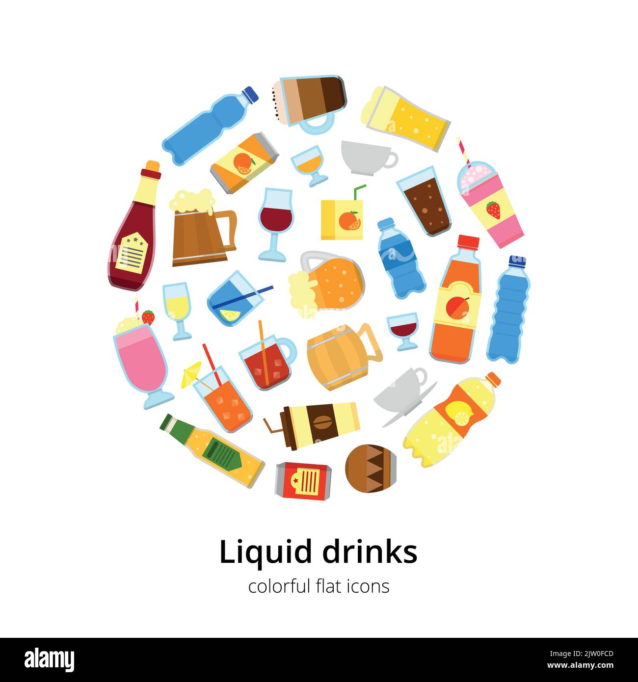 Different flat colorful liquid drinks composed in circle shape with