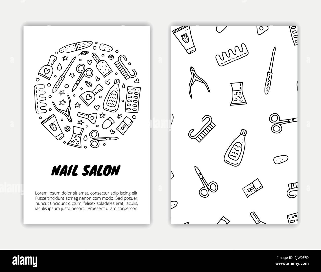 Card templates with doodle outline nail salon icons. Used clipping mask