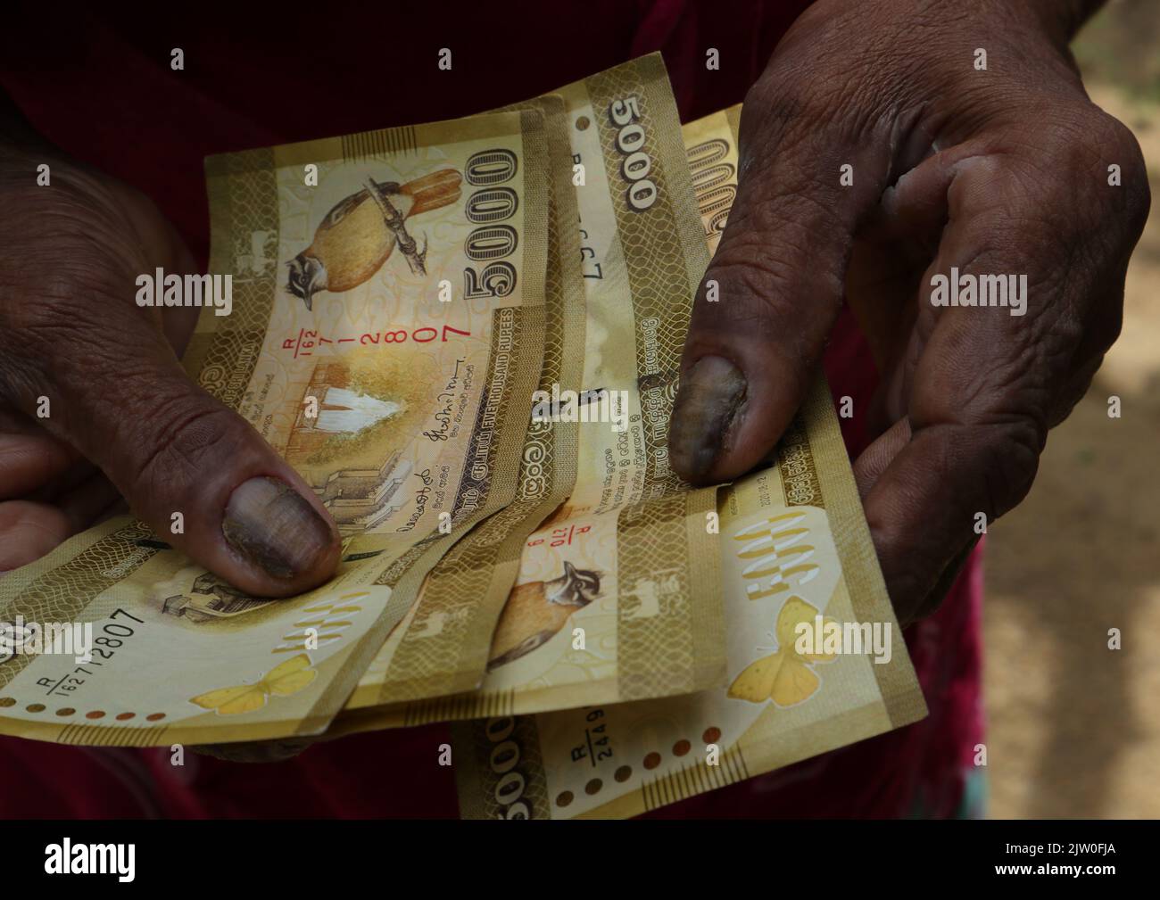 Horana,Kalutara District,Sri Lanka-July 30 2022:Close up view of the hands of an old woman counting few Sri Lankan banknotes of Rupees 5000 Stock Photo