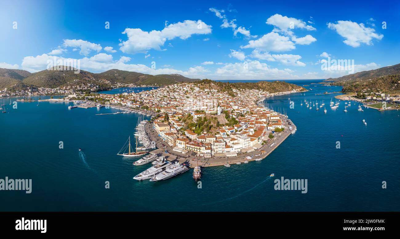 Panoramic aerial view of the town and harbour of Poros island Stock Photo