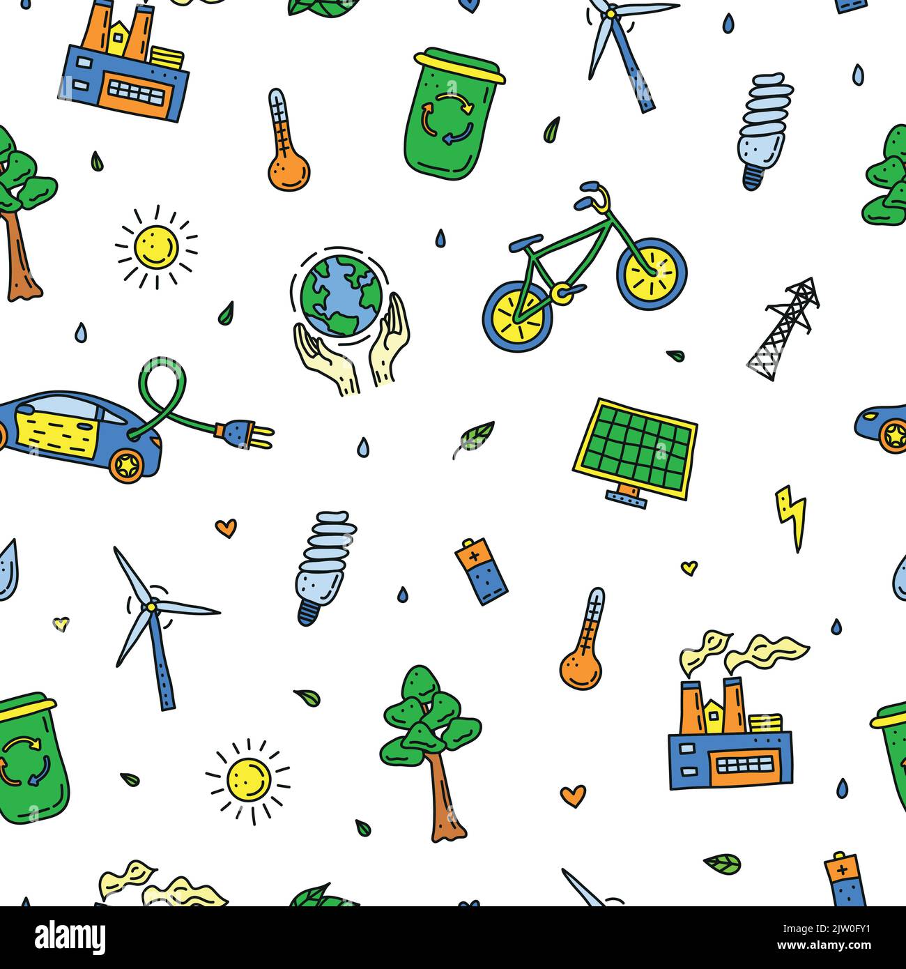 Seamless pattern with doodle colored ecology and environment icons. Stock Vector