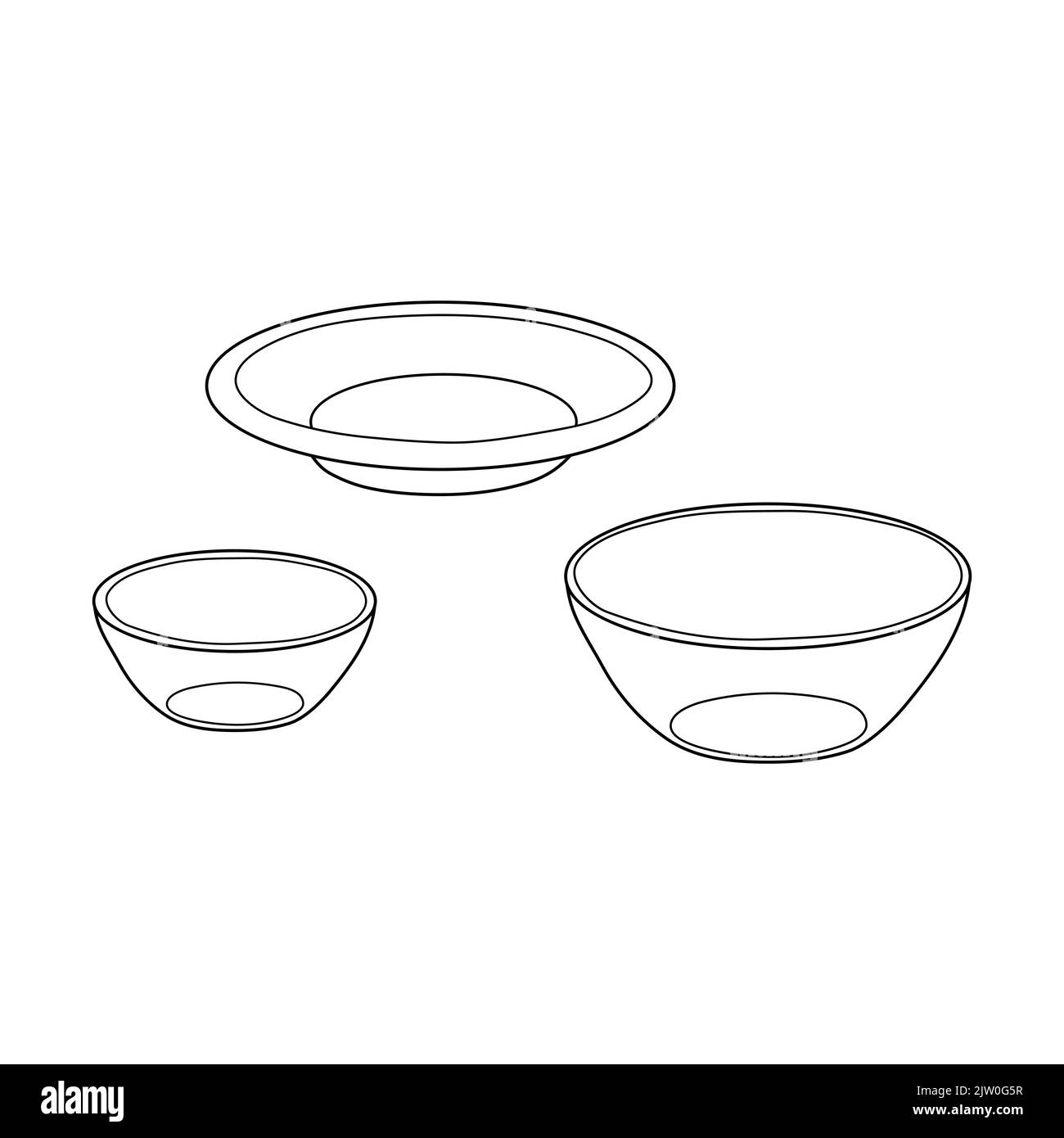 Hand drawn outline empty bowls and plate isolated on white background