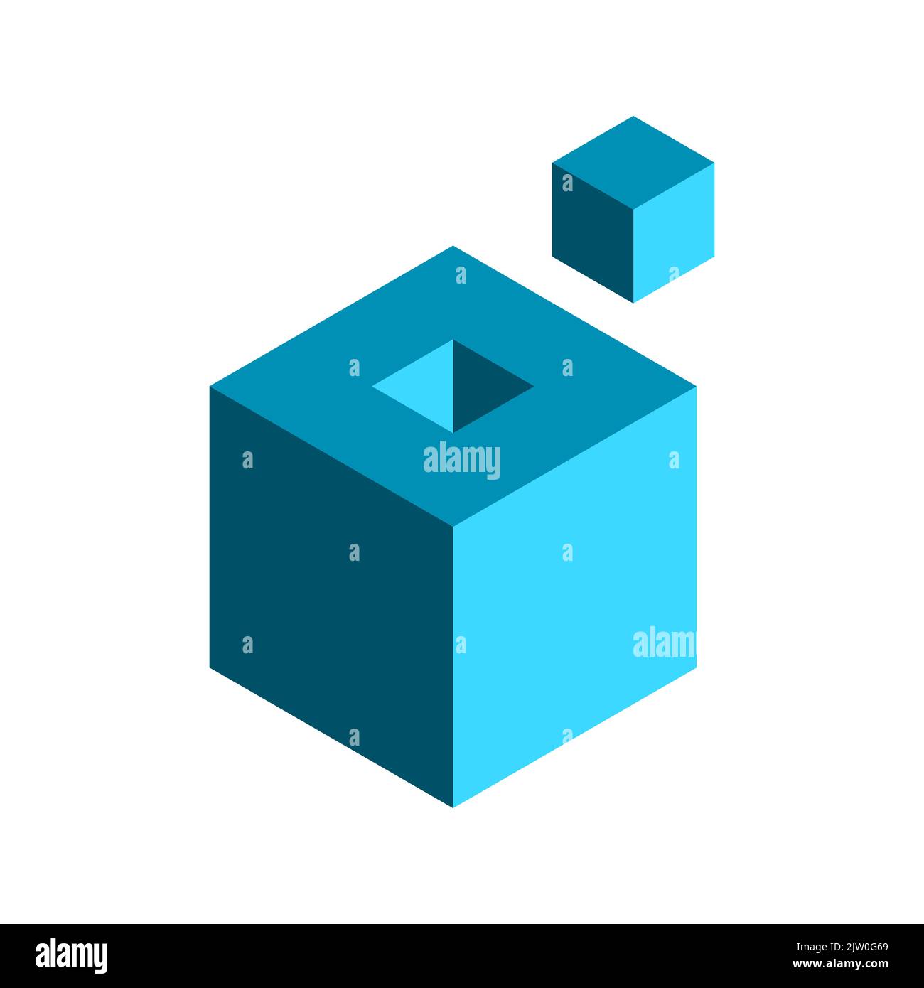 3D cube with small part outside. Missing piece idea. Isometric box with hole in the middle. Architecture, construction, building concept. Puzzle game. Stock Vector