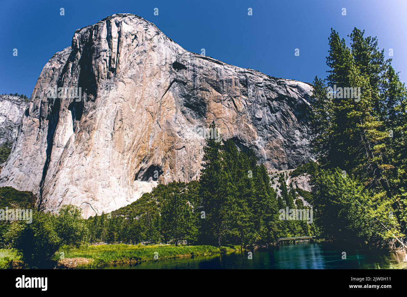 View of El Capitan inside Yosemite National Park, California. El Capitan is popular among climbers and was featured in the movie Free Solo. Stock Photo