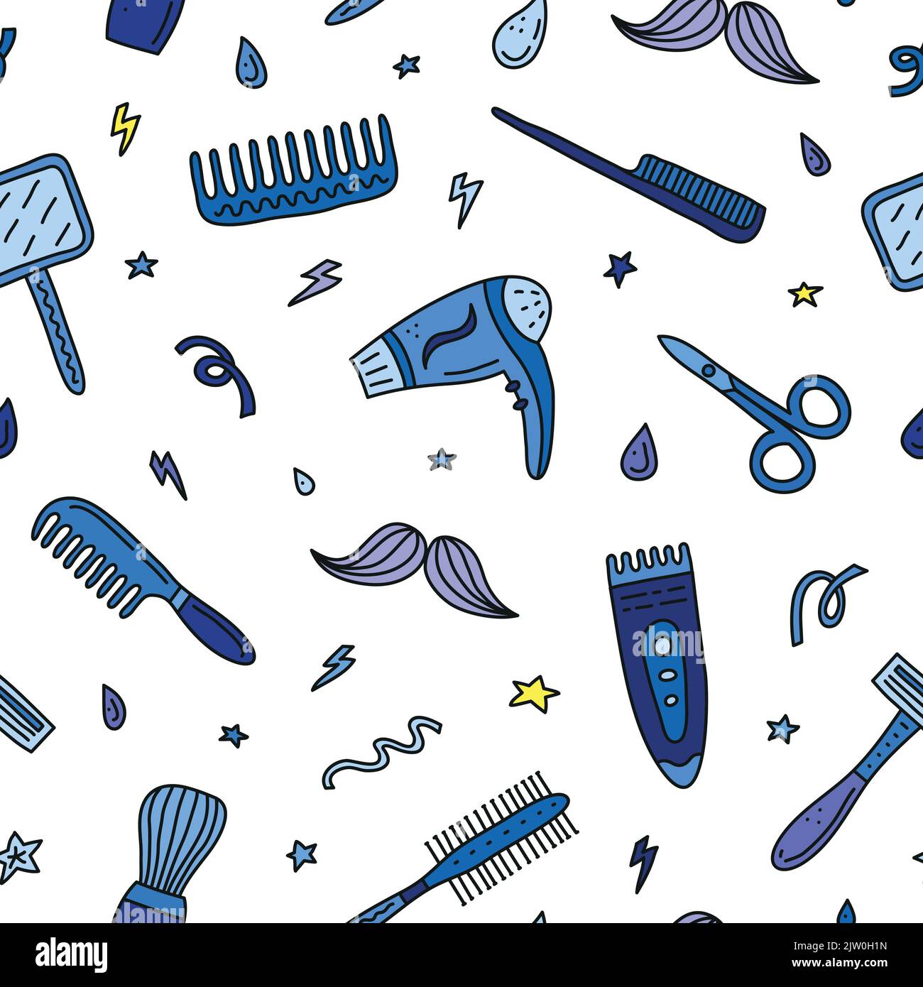Seamless pattern with doodle colored barber shop icons. Stock Vector