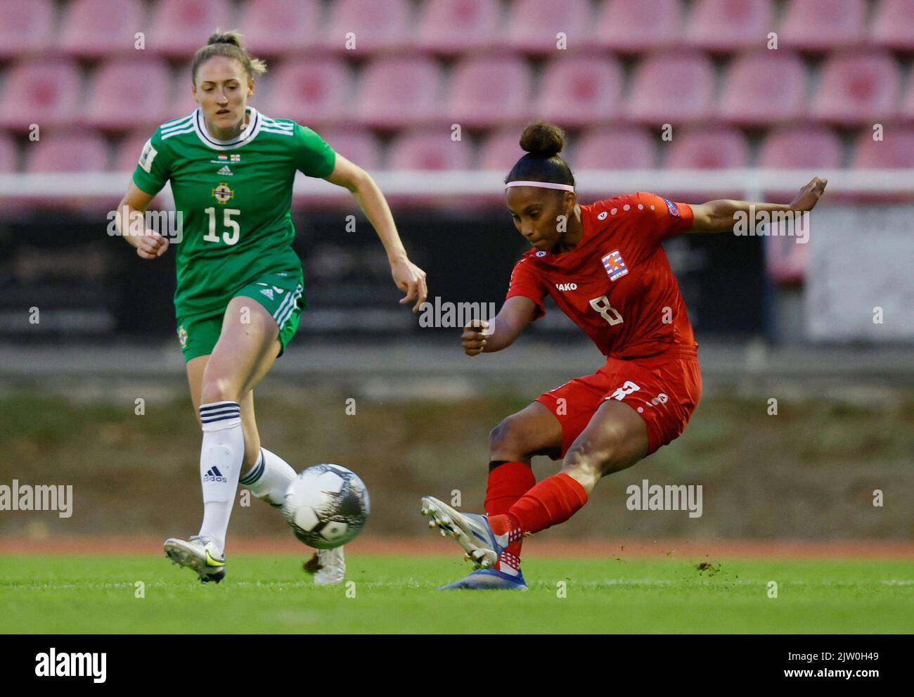 Soccer Football - FIFA Women's World Cup Australia and New Zealand - UEFA Qualifiers - Group D - Luxembourg v Northern Ireland - Stade Emile Mayrisch, Esch-sur-Alzette, Luxembourg - September 2, 2022 Luxembourg's Kimberley dos Santos da Graca in action with Northern Ireland's Rebecca Holloway REUTERS/Gonzalo Fuentes Stock Photo