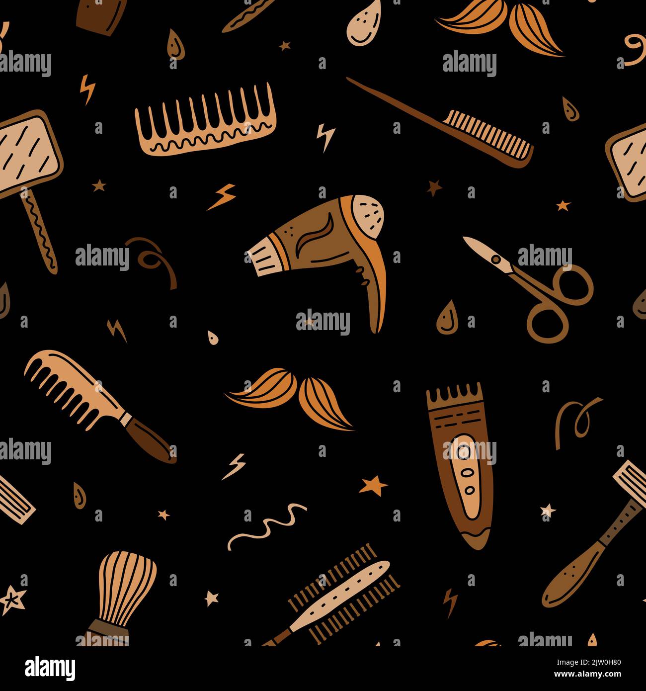 Seamless pattern with doodle colored barber shop icons. Stock Vector