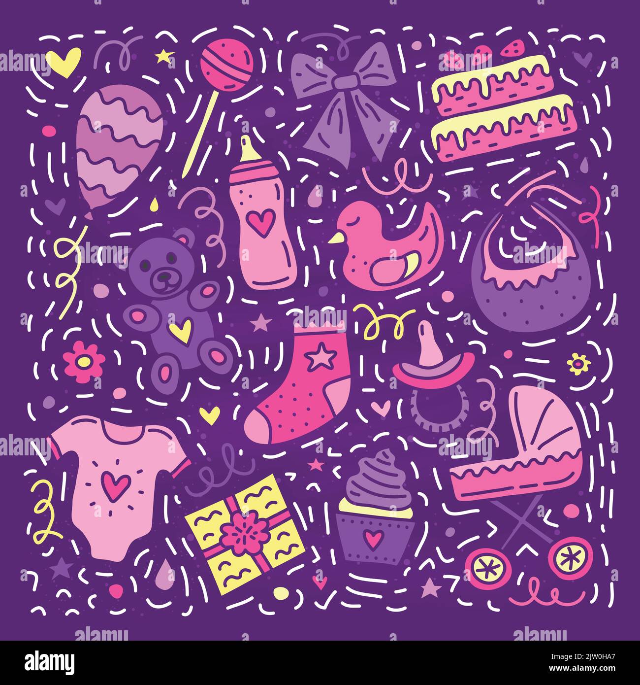 set-of-cute-doodles-for-baby-shower-isolated-on-violet-background-stock