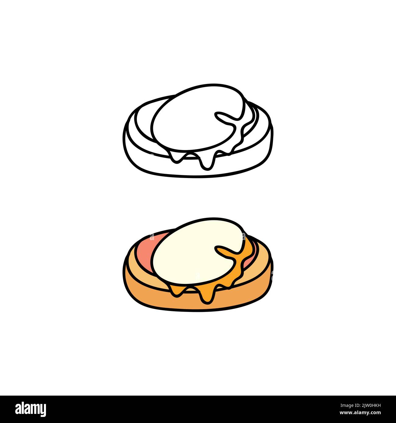 Hand drawn colored and outline eggs Benedict isolated on white