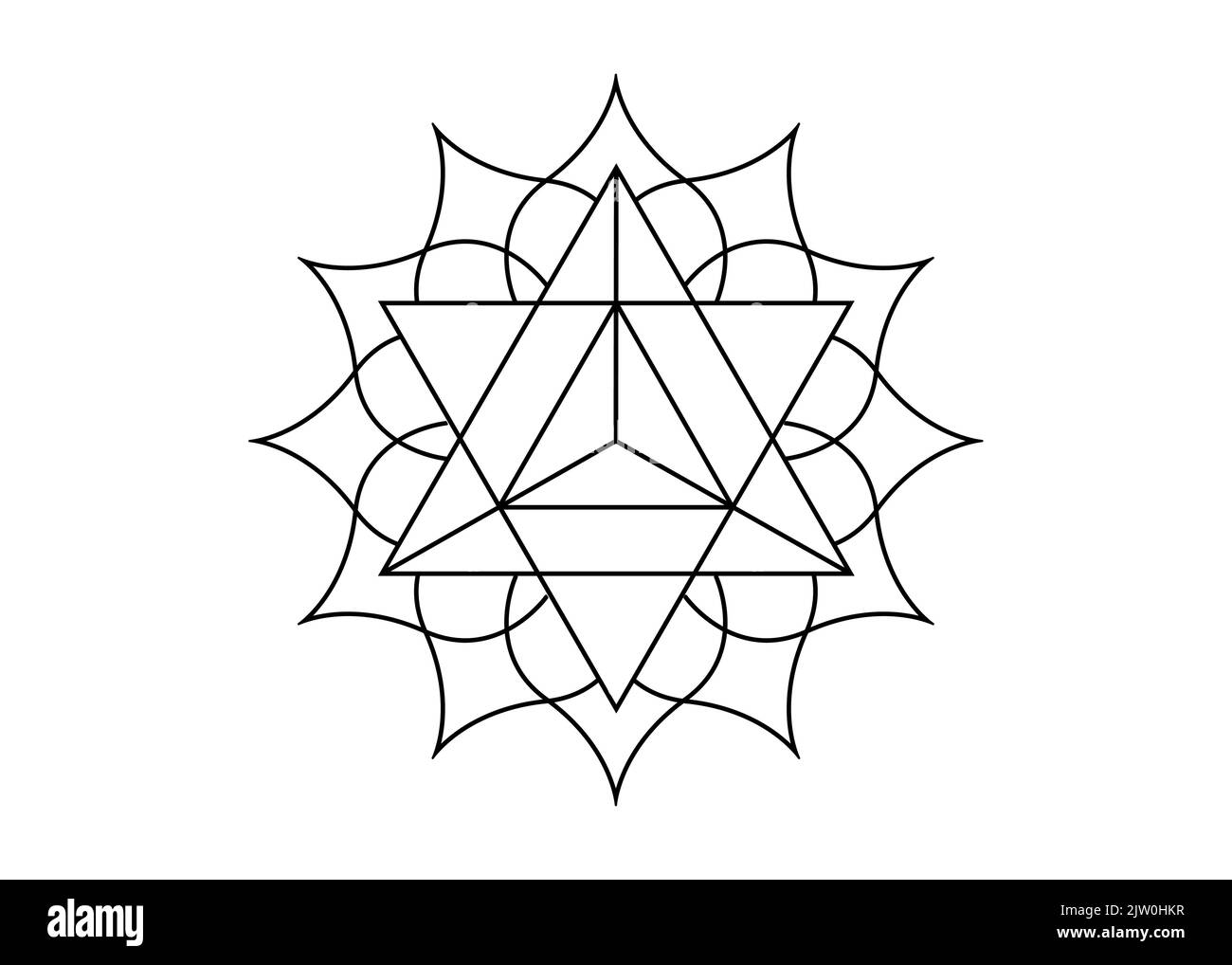 Sacred geometry, mystical symbol of the Merkabah, lotus flower in black tattoo line art, magic logo geometric mandala design, vector isolated on white Stock Vector