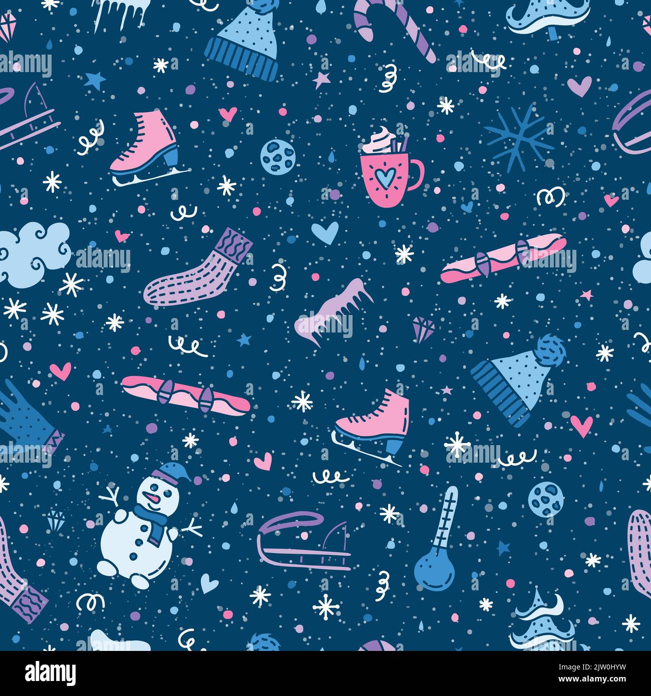 Seamless pattern with cute doodle colored winter icons. Stock Vector