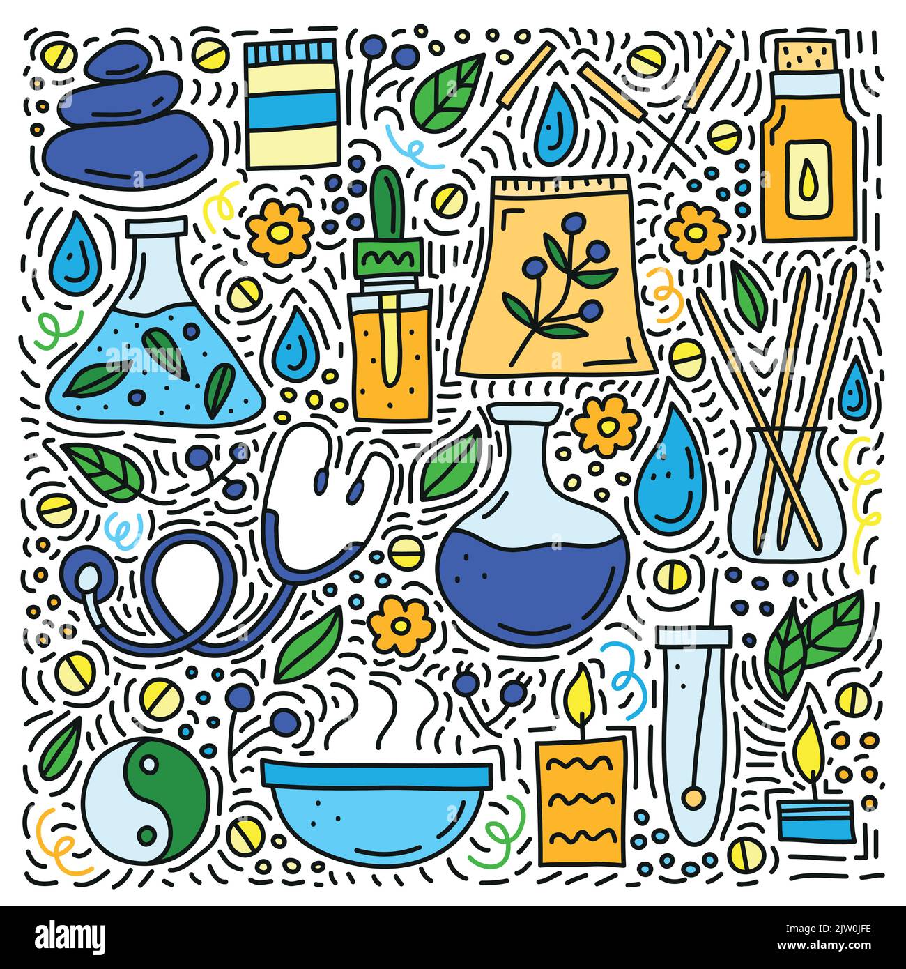 Doodle colored alternative medicine and ayurveda icons with lines