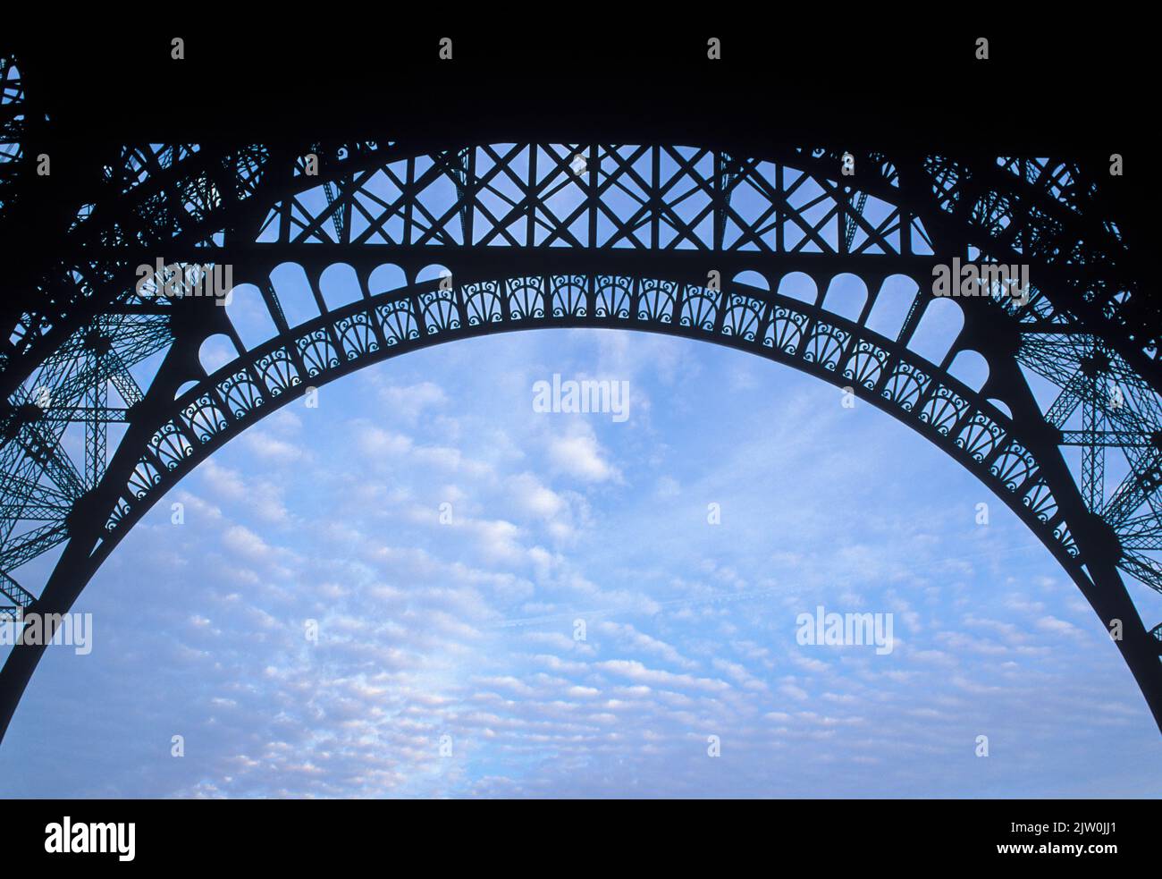 Eiffel Tower, Paris Champ de Mars, France. Wrought iron lattice tower detail closeup. Stock Photo