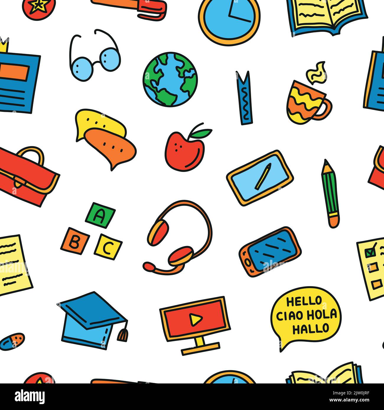 Seamless pattern with doodle colored language courses icons. Stock Vector