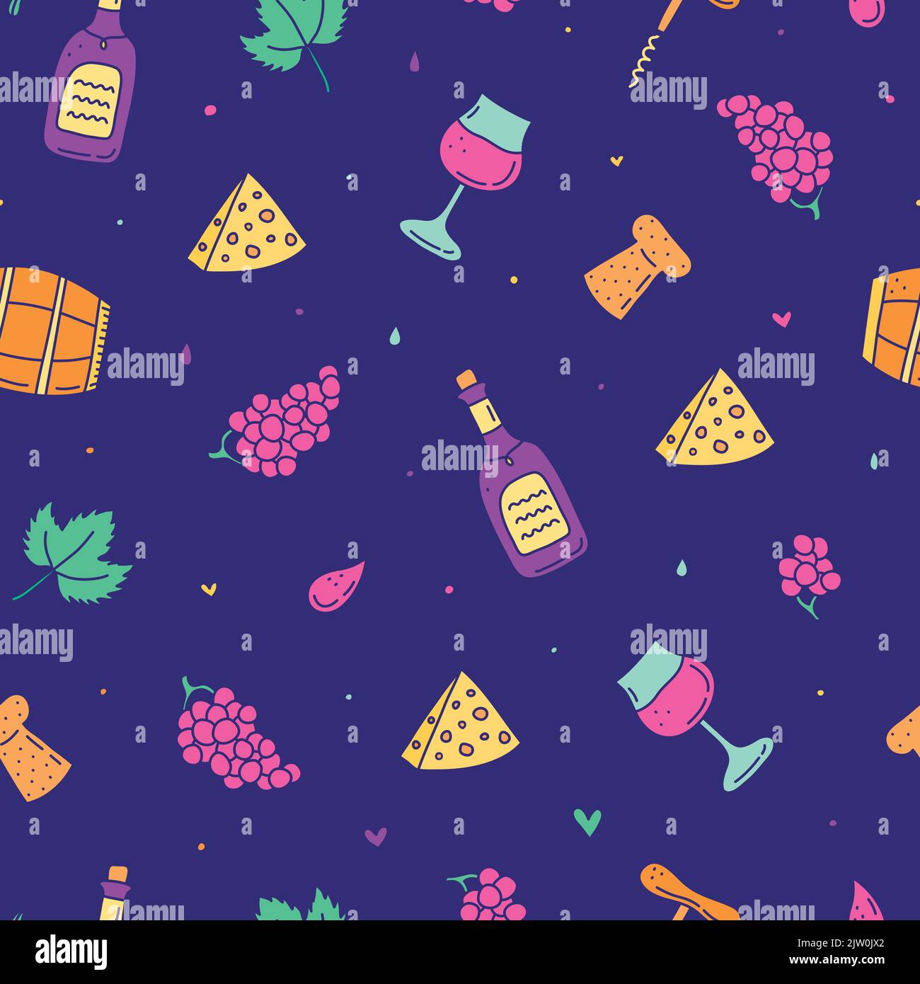 Colorful seamless pattern with doodle wine icons. Stock Vector