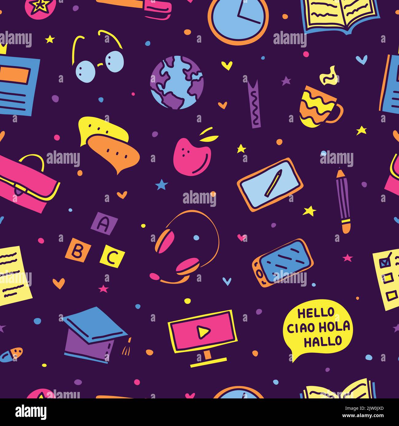 Colorful seamless pattern with doodle language courses icons. Stock Vector