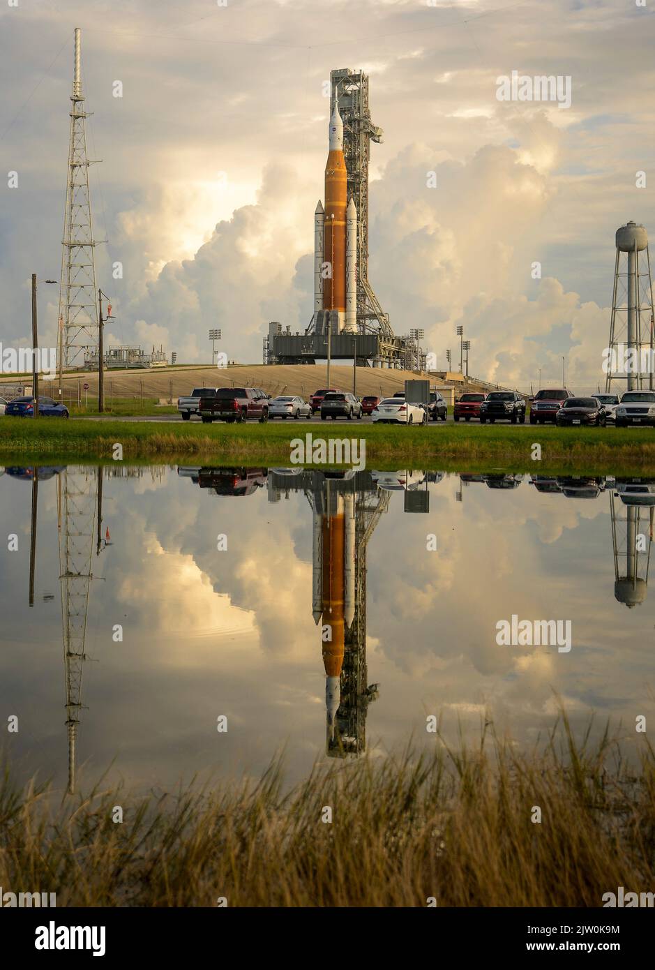 Kennedy Space Center, USA. 02 September, 2022. The NASA Space Launch System rocket with the Orion spacecraft reflected in the water at sunrise on Launch Complex 39B at the Kennedy Space Center, September 2, 2022, in Cape Canaveral, Florida. The countdown for the un-crewed flight test has been rescheduled for September 3rd following a problem with the fuel system caused an extended delay. Credit: Bill Ingalls/NASA/Alamy Live News Stock Photo