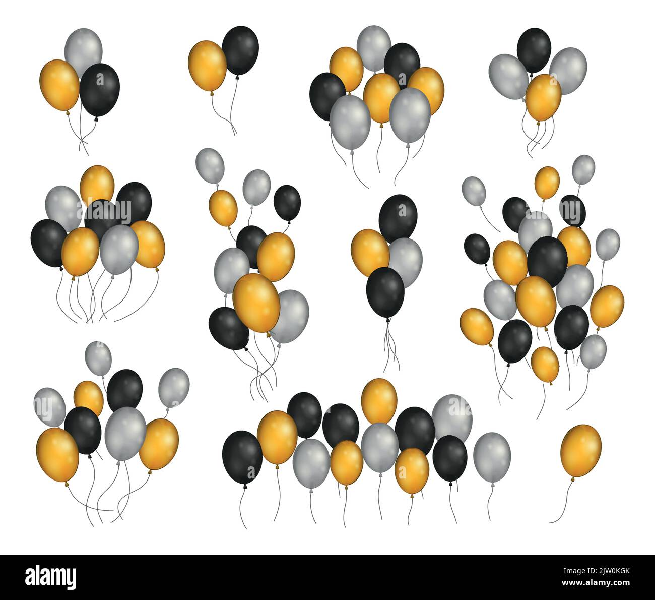 Bunches and groups of golden, black and silver helium balloons isolated ...