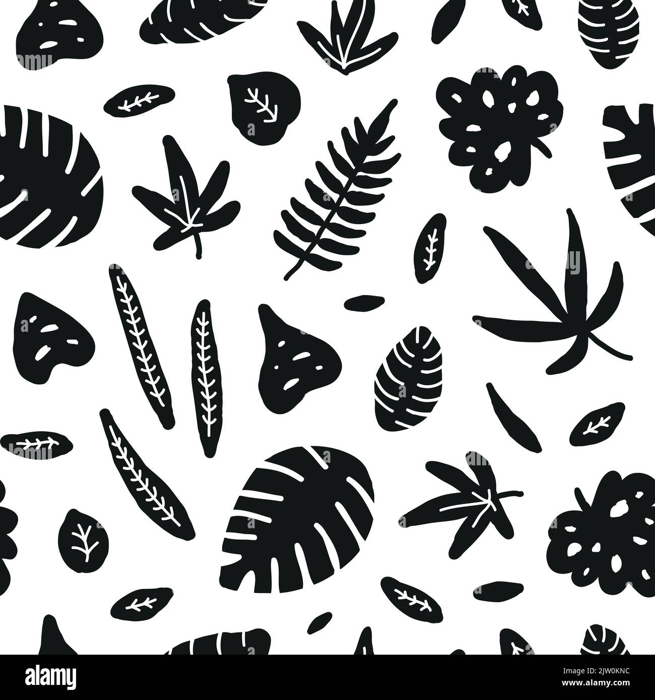 Black and white seamless pattern with doodle jungle leaves Stock Vector ...