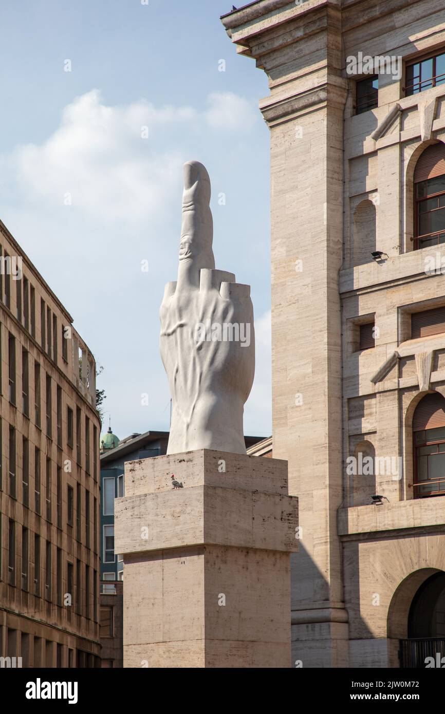 L.O.V.E. Sculpture by Maurizio Cattelan in front of the Milan stock