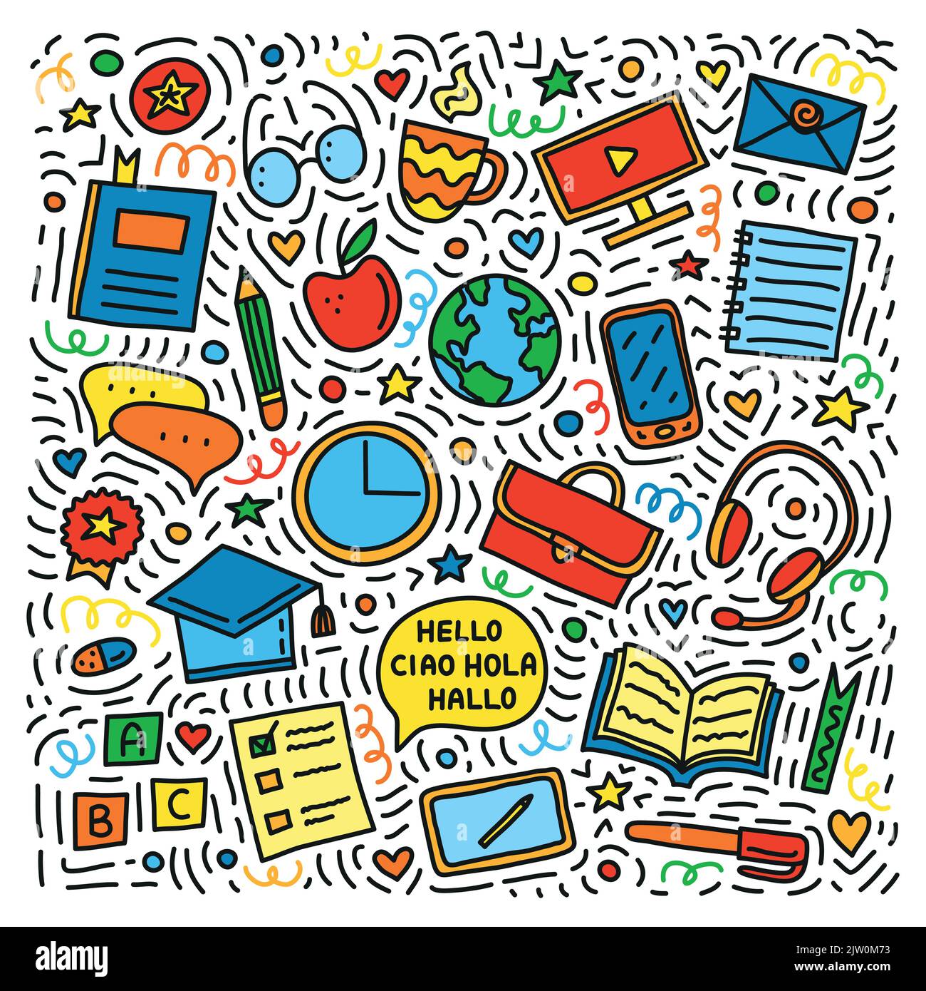 Set of doodle colored language courses icons with lines, symbols around ...