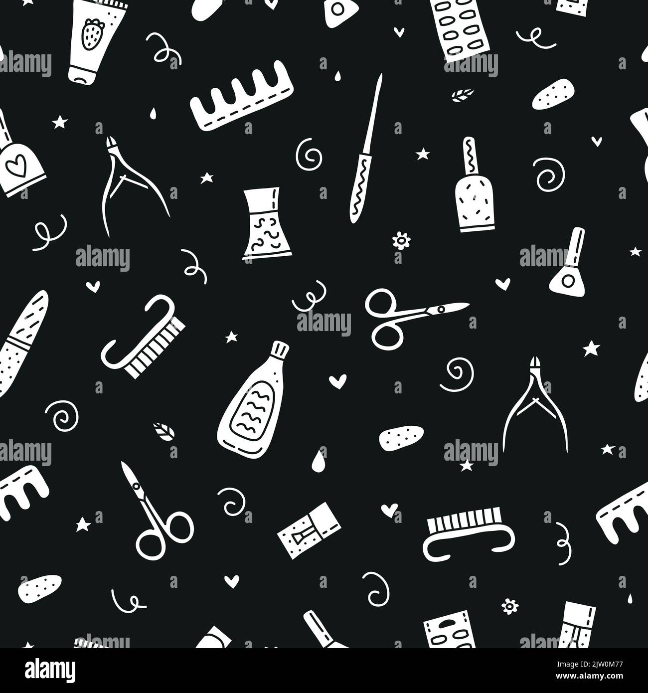 Black and white seamless pattern with doodle nail salon icons Stock ...