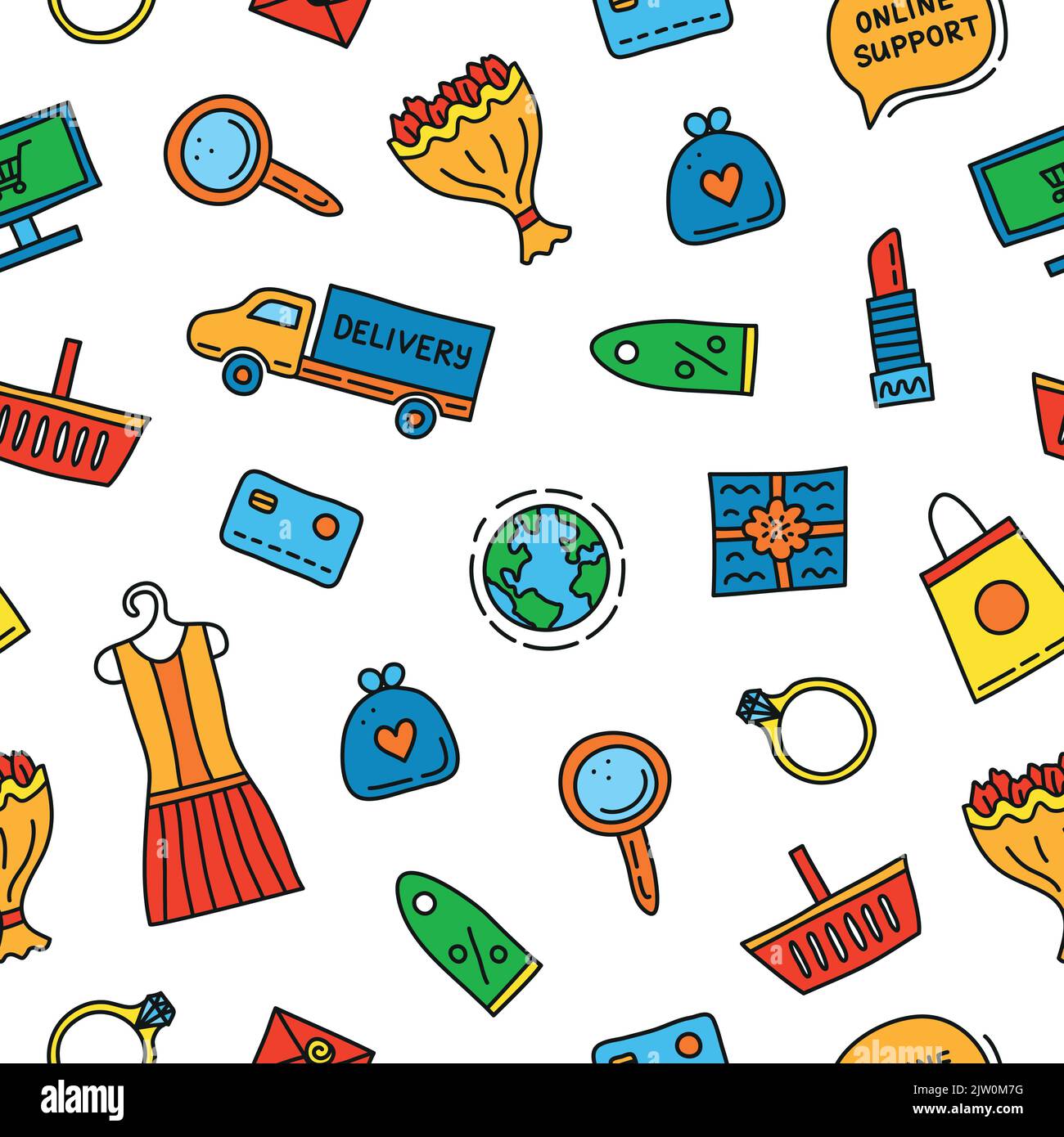 Seamless pattern with colored e-commerce shopping doodles. Stock Vector