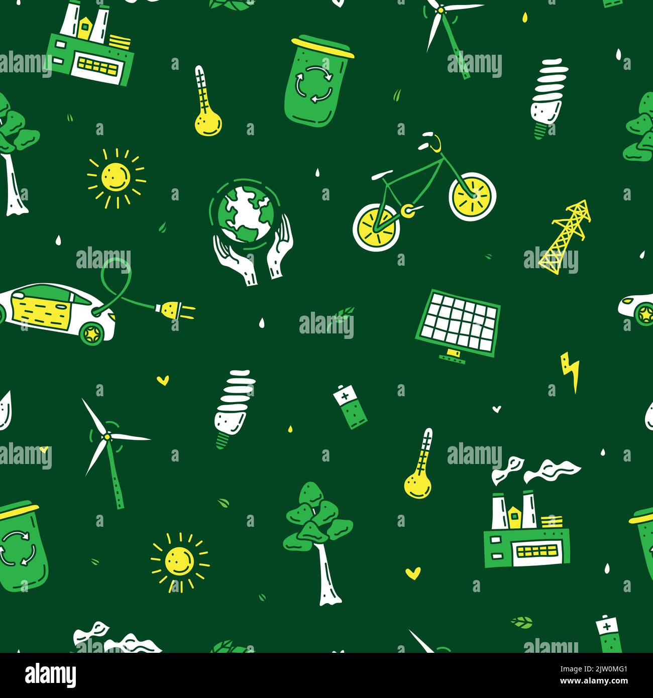 Seamless pattern with doodle colored ecology and environment icons. Stock Vector