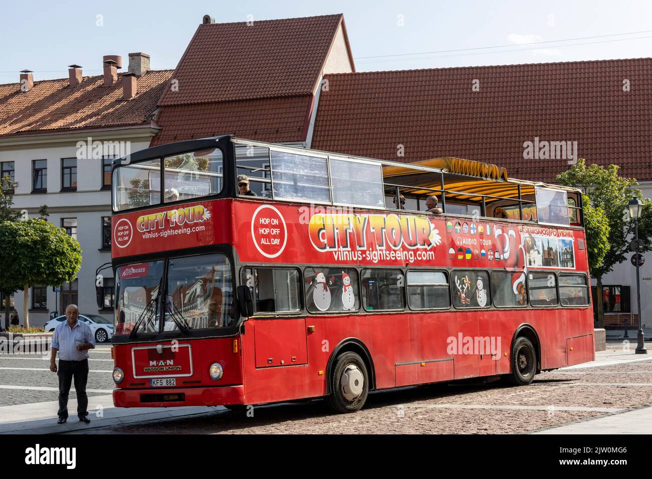 City tour sightseeing bus in Vilnius, Lithuania, Baltics, Europe Stock Photo