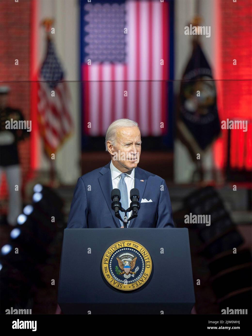 Philadelphia, United States Of America. 01st Sep, 2022. Philadelphia, United States of America. 01 September, 2022. U.S President Joe Biden, delivers a prime time address on threats to democracy to the American people outside historic Independence Hall, September 1, 2022 in Philadelphia, Pennsylvania. Credit: Adam Schultz/White House Photo/Alamy Live News Stock Photo