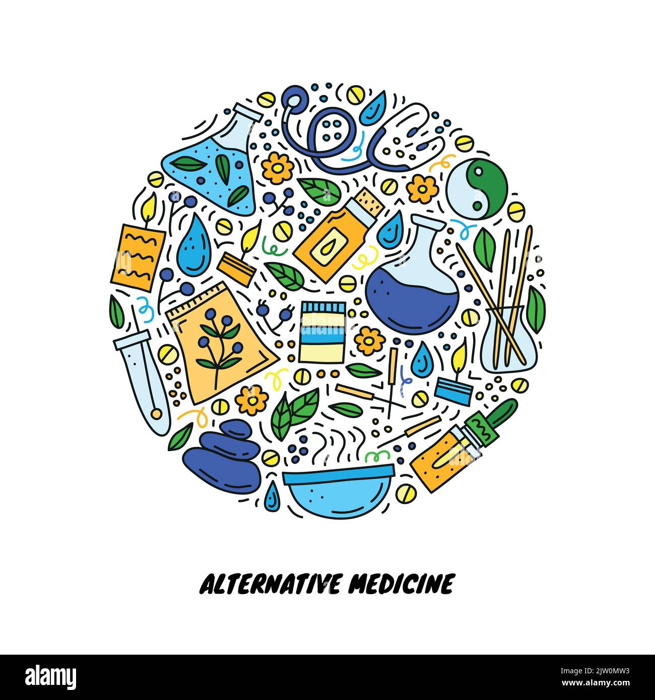 Doodle colored alternative medicine and ayurveda icons composed in