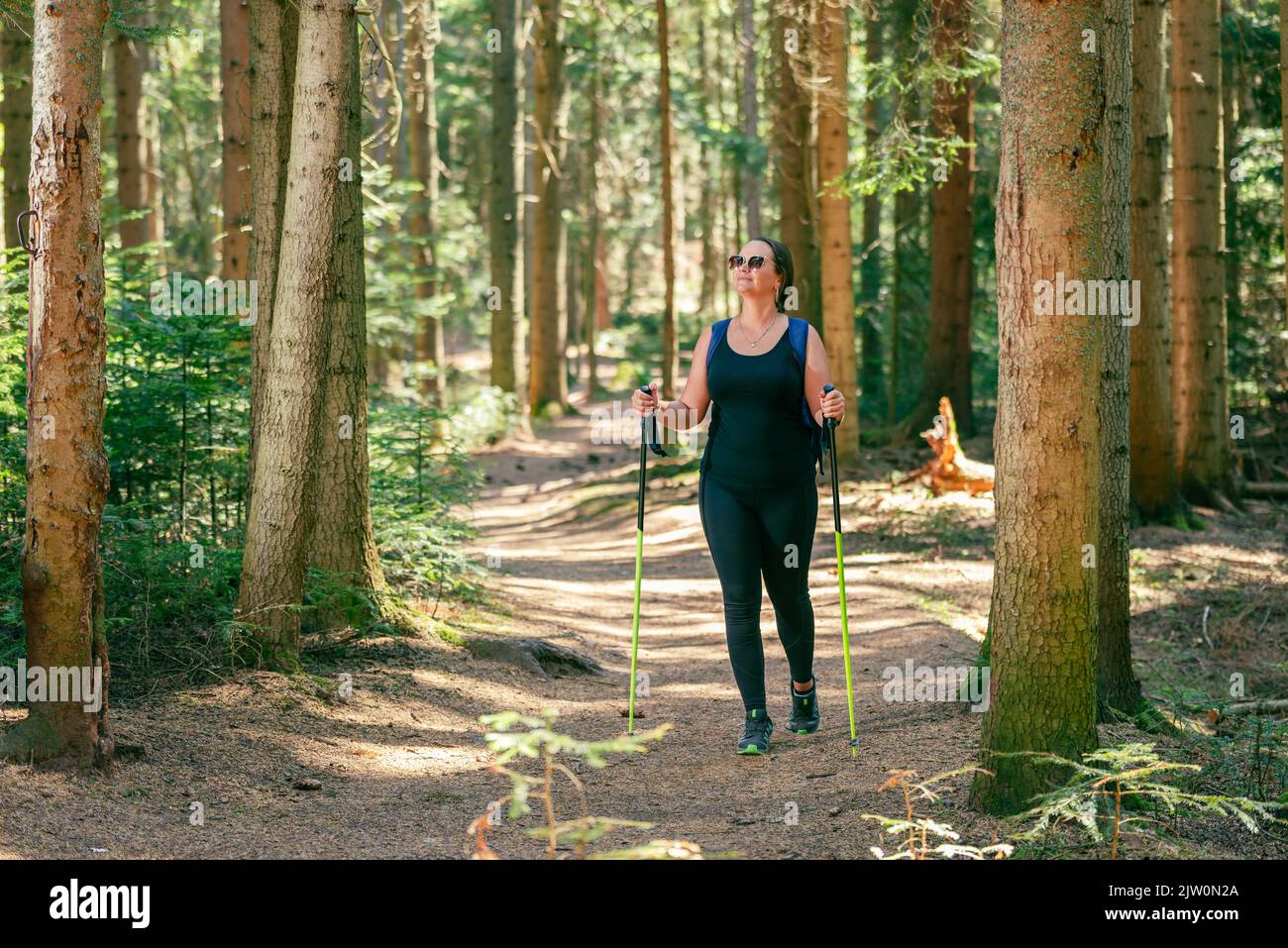Woman walks through the forest on a well-trodden path. The concept of a healthy life, enjoying and playing sports in nature Stock Photo