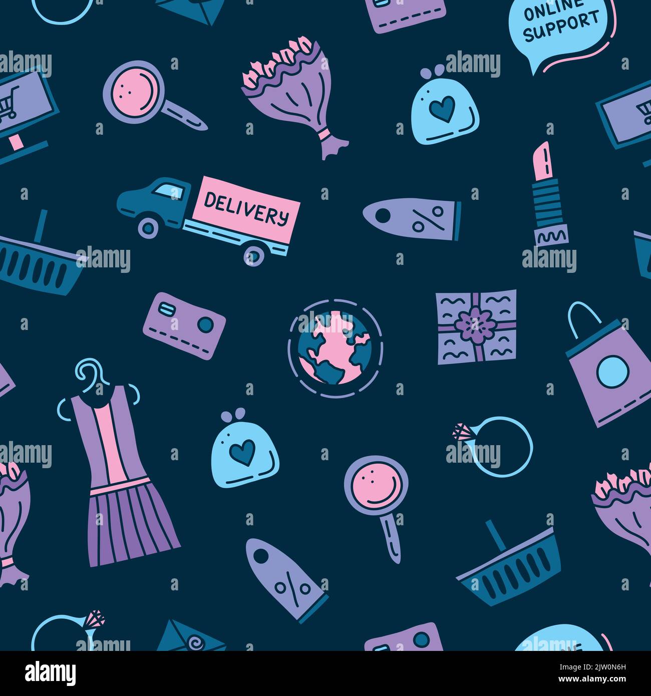 Seamless pattern with colored e-commerce shopping doodles. Stock Vector