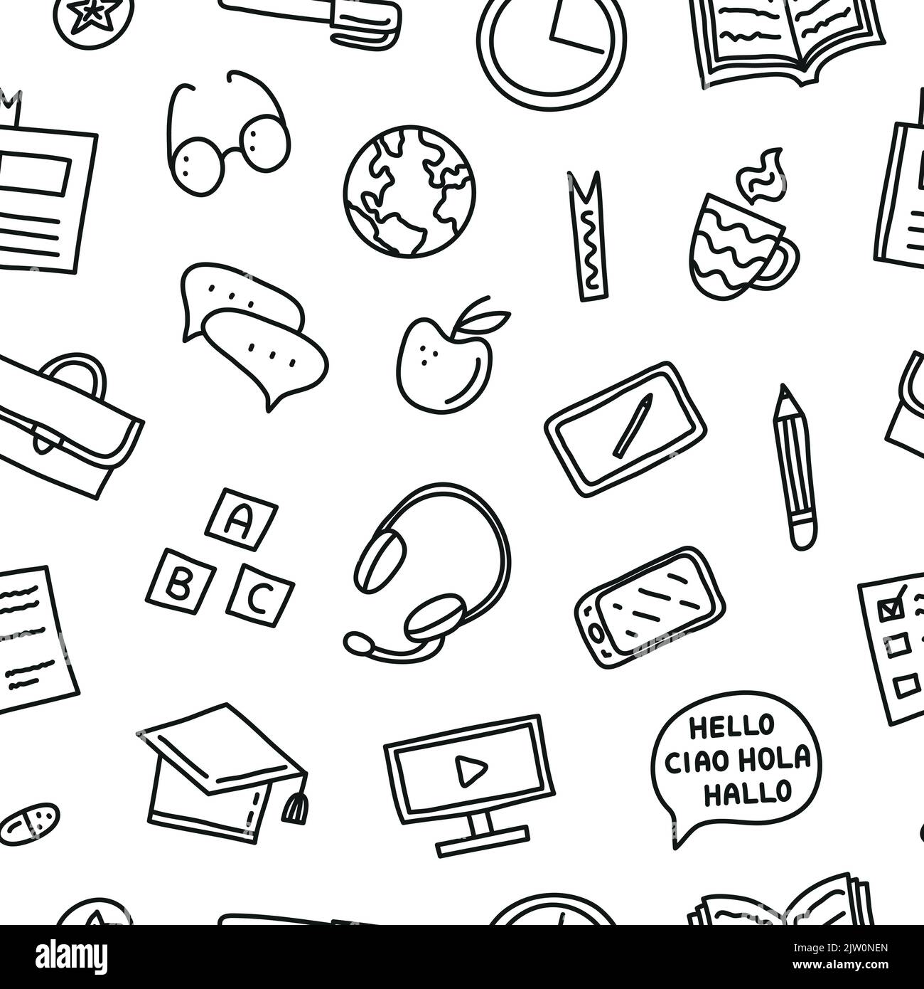 Black and white seamless pattern with doodle outline language courses icons. Stock Vector