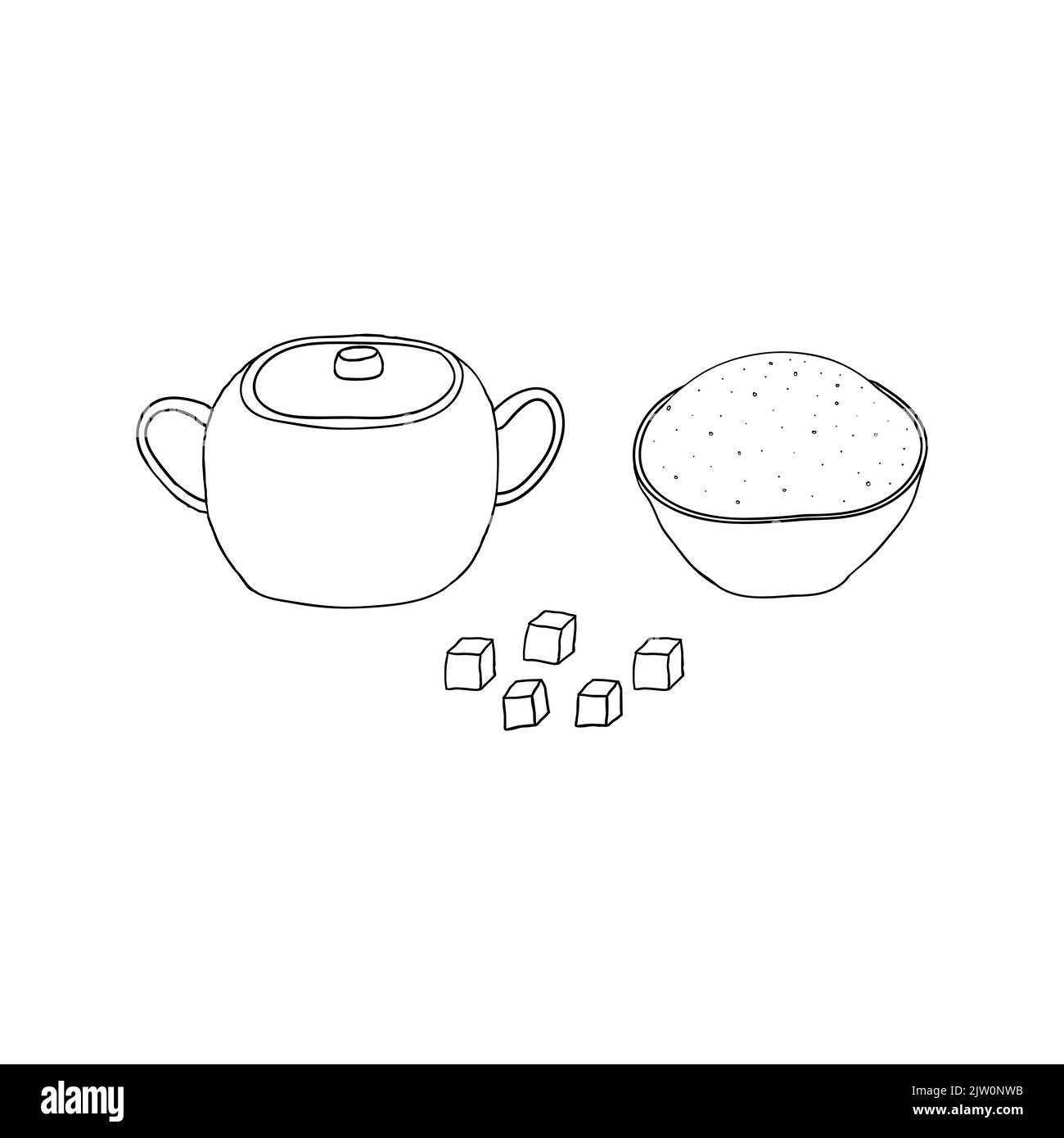 Hand drawn outline sugar in bowl and basin isolated on white background. Stock Vector