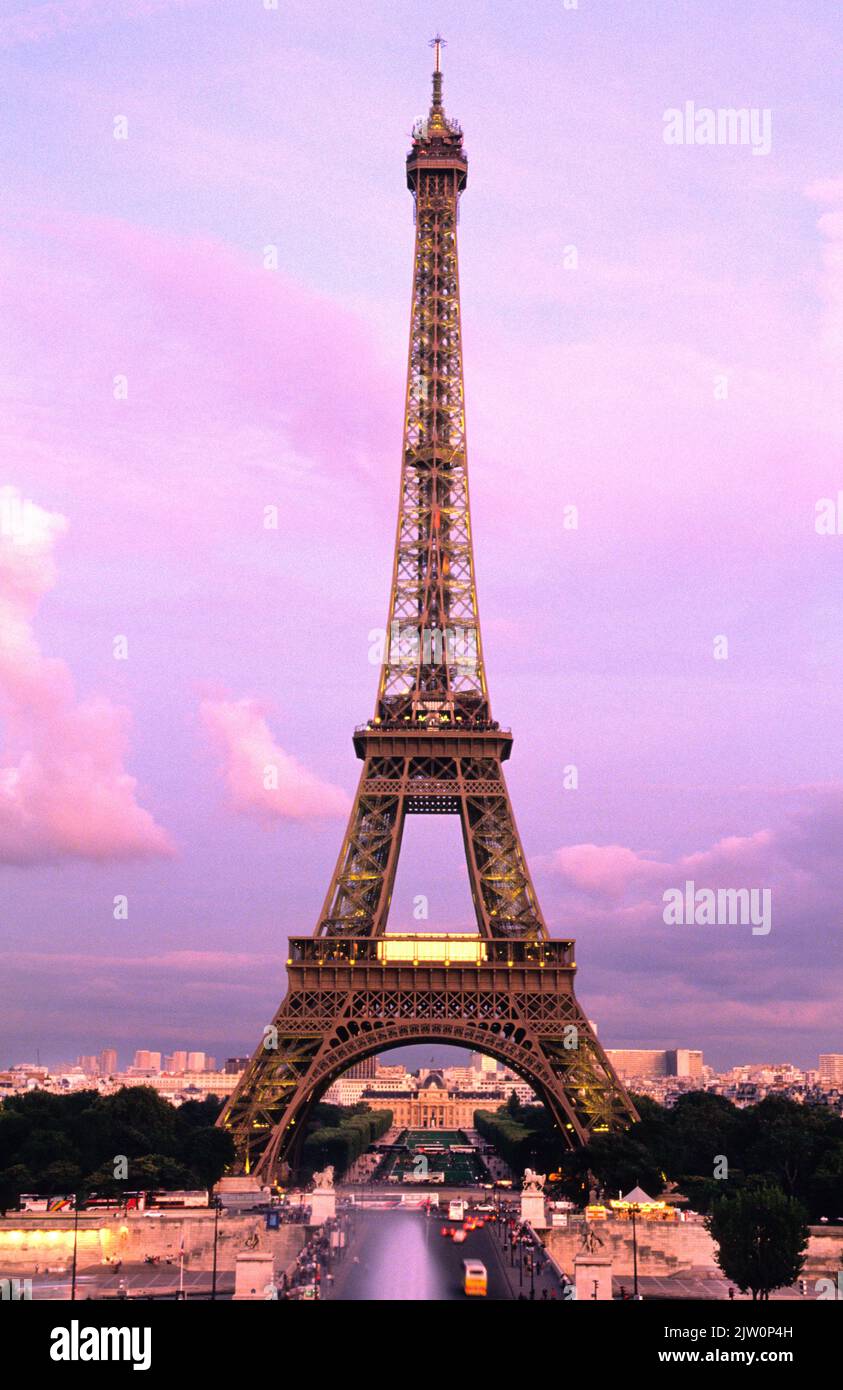 Eiffel Tower sunset Paris vertical. Wrought-iron lattice tower on the Champ de Mars, Left Bank. Trocadero. French heritage. Tourist attractions Stock Photo
