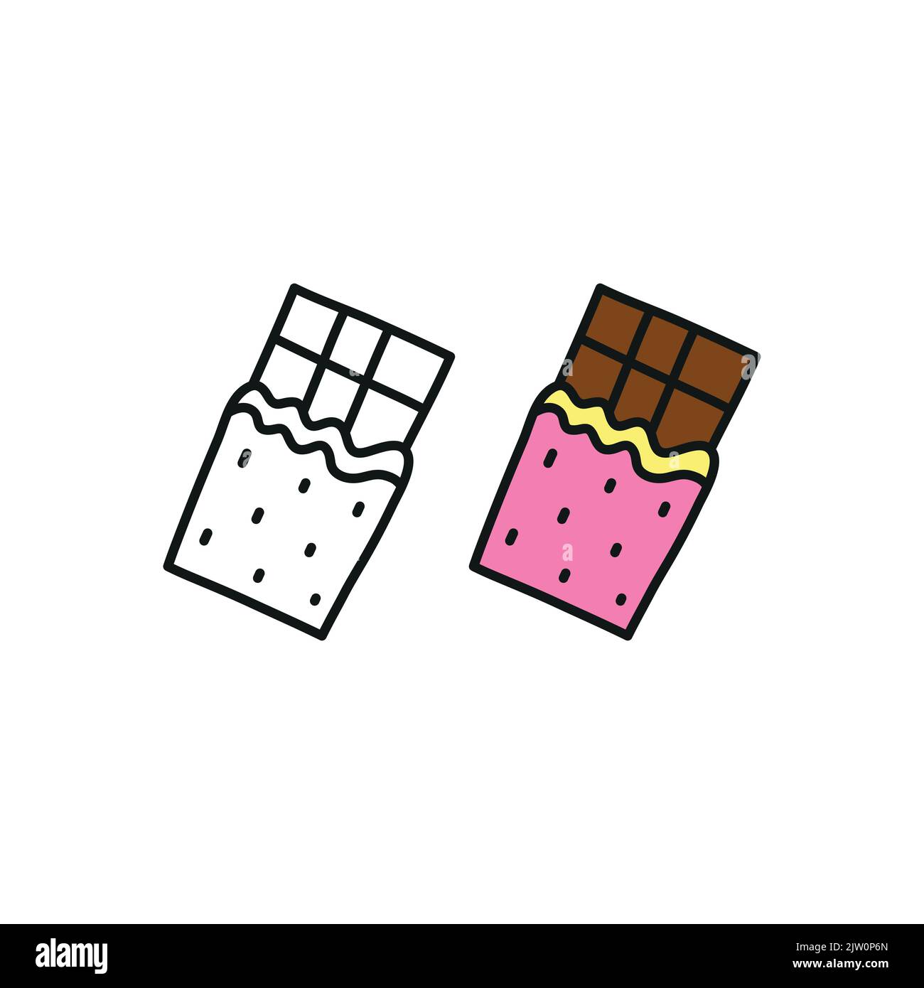 Doodle outline and colored chocolate bar isolated on white background