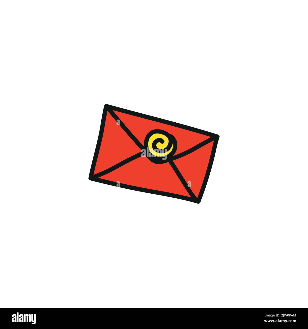 Doodle colored envelope with stamp wax isolated on white background. Stock Vector