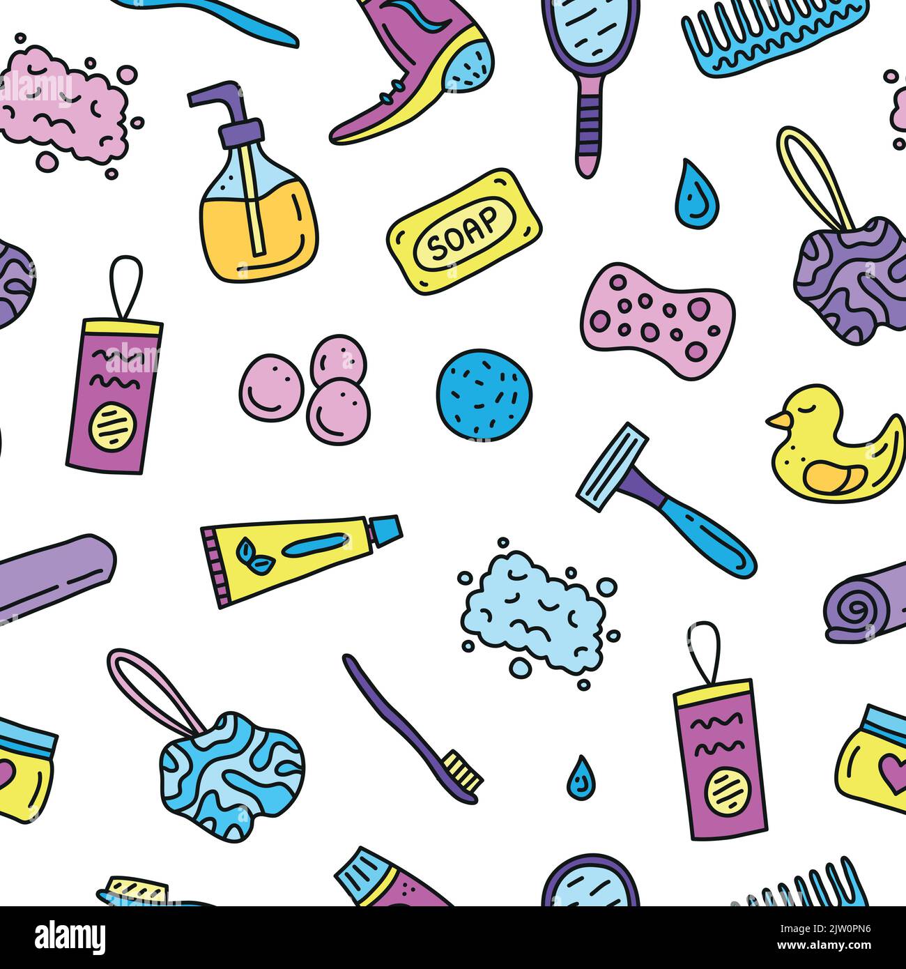Seamless pattern with doodle colored bathroom and hygiene icons. Stock Vector