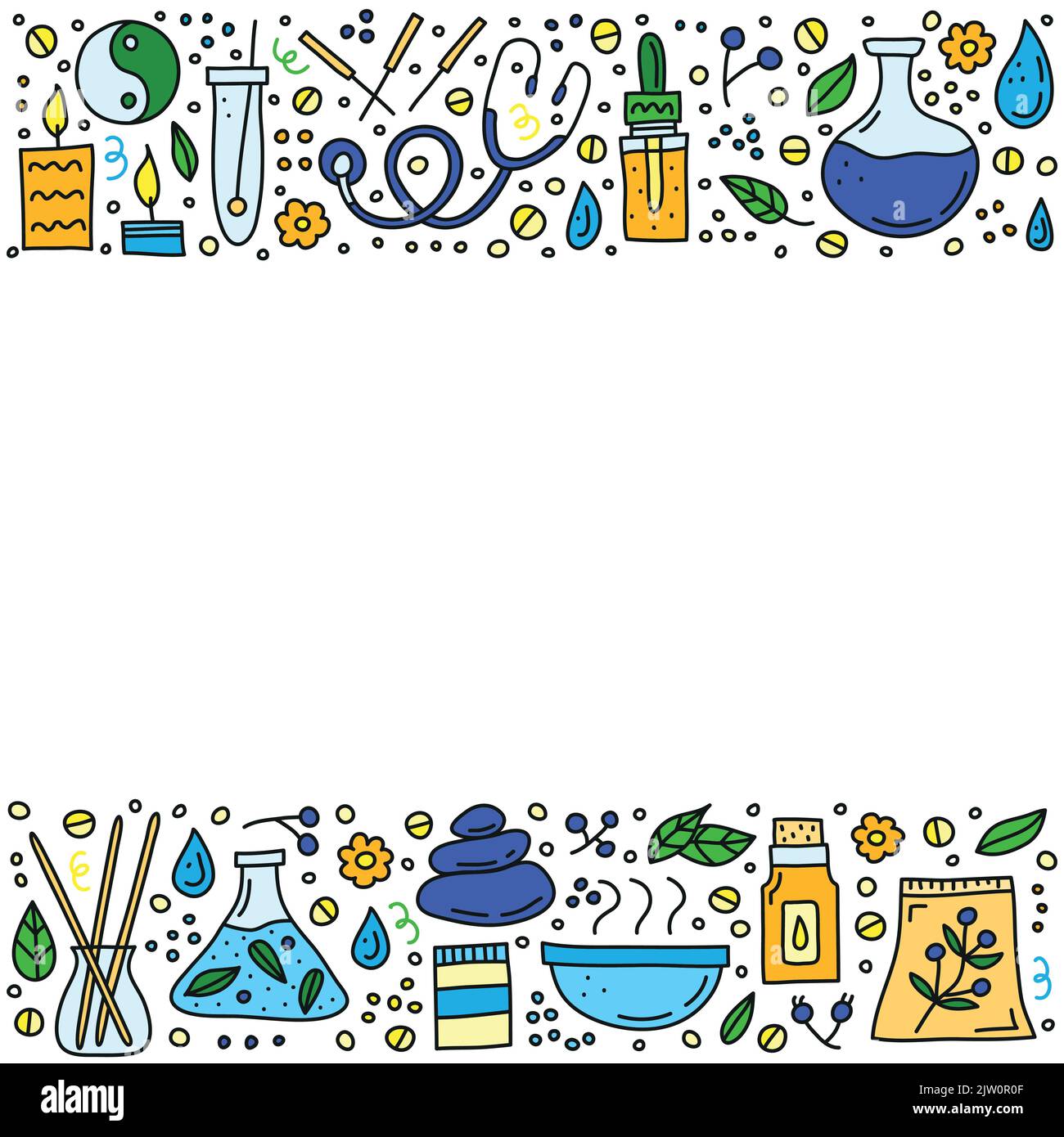 Poster with doodle colored alternative medicine icons, symbols around