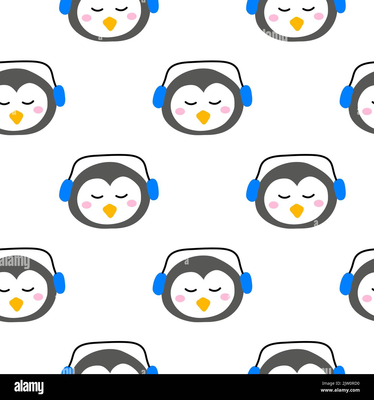 Seamless pattern with doodle colorful penguin faces. Stock Vector