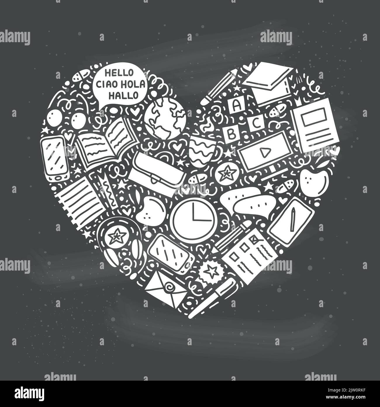 Doodle language courses icons with lines, symbols composed in heart ...