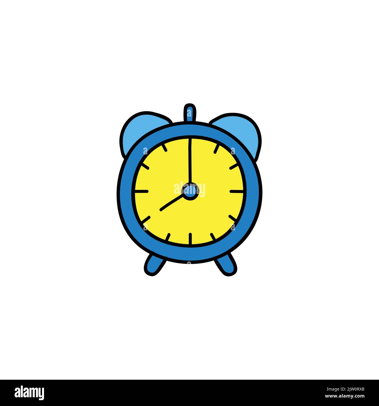 Doodle colored alarm clock isolated on white background. Stock Vector