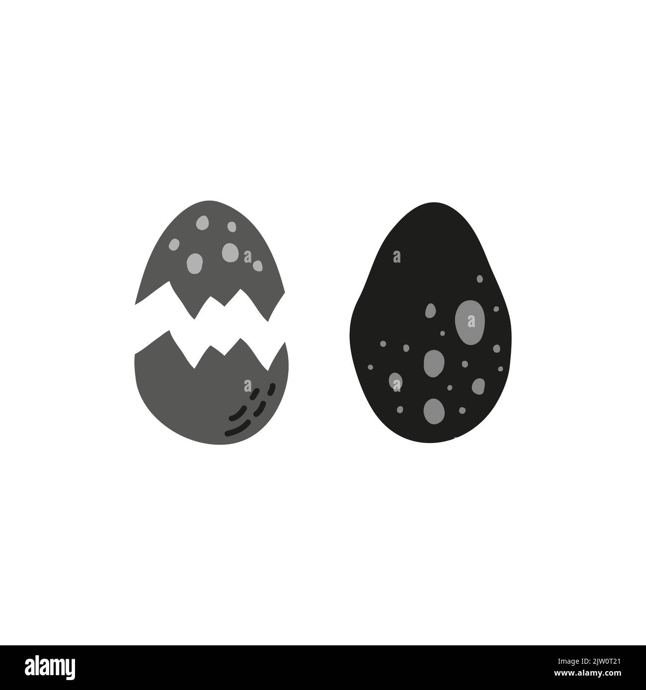 Doodle hatched and whole dinosaur egg isolated on white background. Stock Vector