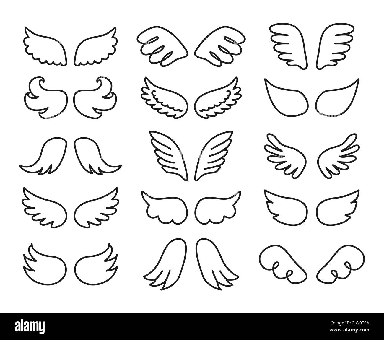 Set of different doodle outline angel wings isolated on white ...