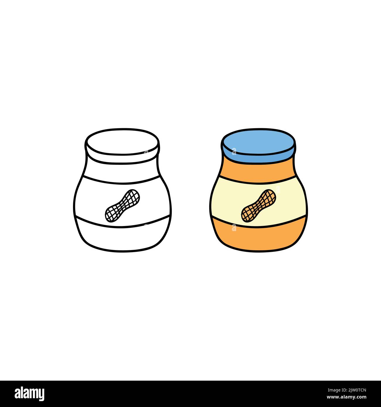 Doodle outline and colored peanut butter in bottle isolated on white