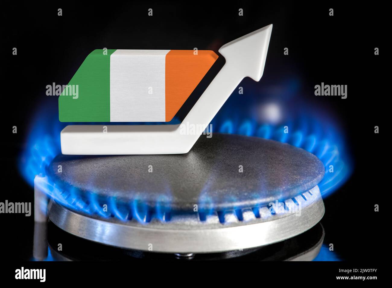 Gas price. Rise in gas prices in Ireland. A burner with a flame and an arrow up, painted in the