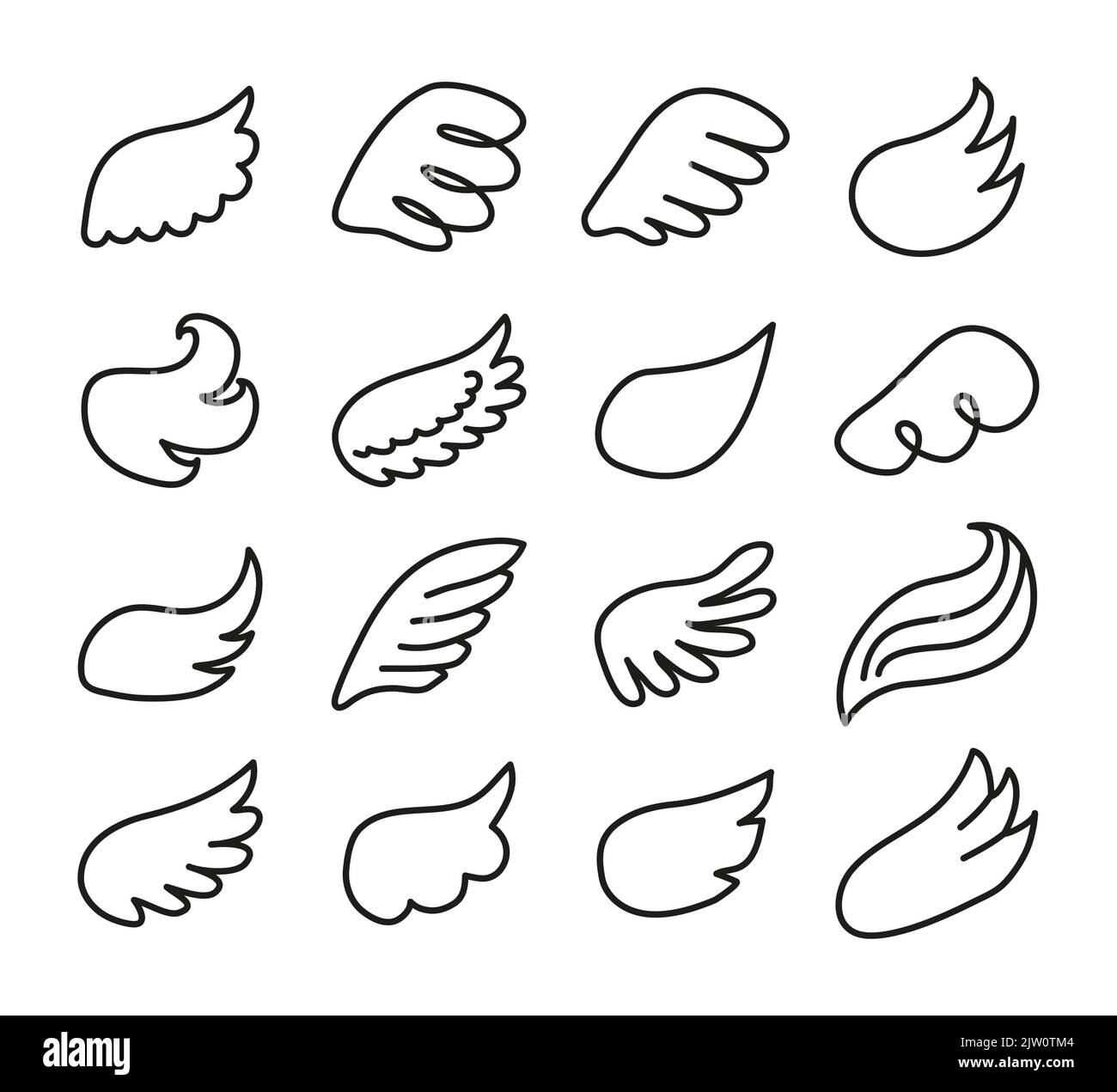 Set of different doodle outline angel wings isolated on white ...